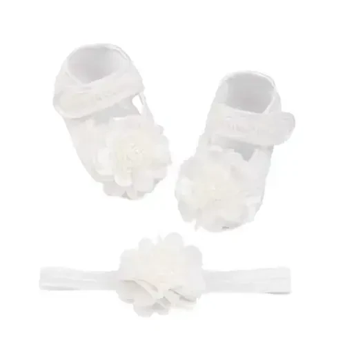 HsdsBebe 2pcs/Set Newborn Baby Girl Princess Mary Jane Shoes Toddler Infant Wedding Dress Flat Shoes with Free Headband - 1