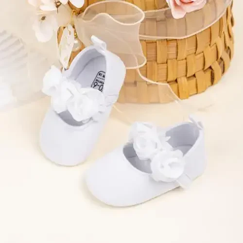 HsdsBebe 2pcs/Set Newborn Baby Girl Princess Mary Jane Shoes Toddler Infant Wedding Dress Flat Shoes with Free Headband - 4