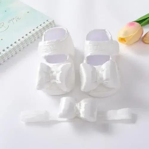 HsdsBebe 2pcs/Set Newborn Baby Girl Princess Mary Jane Shoes Toddler Infant Wedding Dress Flat Shoes with Free Headband - 2