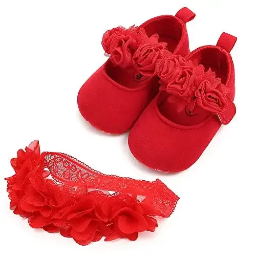 HsdsBebe 2pcs/Set Newborn Baby Girl Princess Mary Jane Shoes Toddler Infant Wedding Dress Flat Shoes with Free Headband - HSDSBEBE