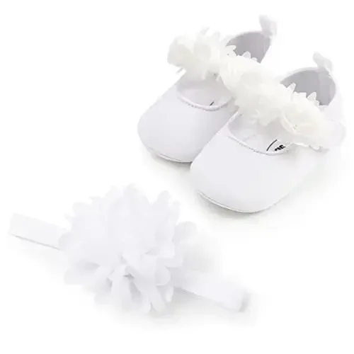 HsdsBebe 2pcs/Set Newborn Baby Girl Princess Mary Jane Shoes Toddler Infant Wedding Dress Flat Shoes with Free Headband 