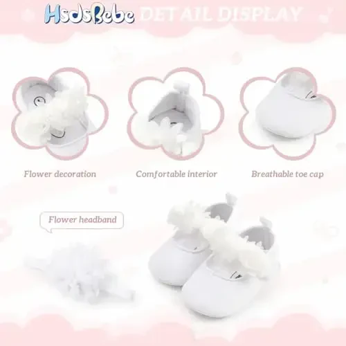 HsdsBebe 2pcs/Set Newborn Baby Girl Princess Mary Jane Shoes Toddler Infant Wedding Dress Flat Shoes with Free Headband - 5