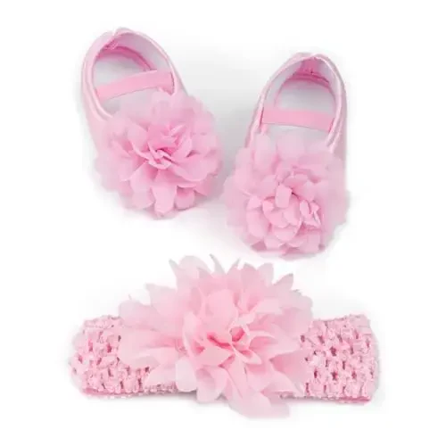 HsdsBebe 2pcs/Set Newborn Baby Girl Princess Mary Jane Shoes Toddler Infant Wedding Dress Flat Shoes with Free Headband - 1