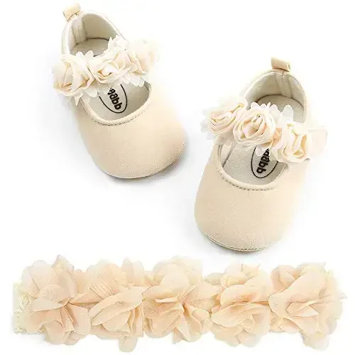 HsdsBebe 2pcs/Set Newborn Baby Girl Princess Mary Jane Shoes Toddler Infant Wedding Dress Flat Shoes with Free Headband - 1