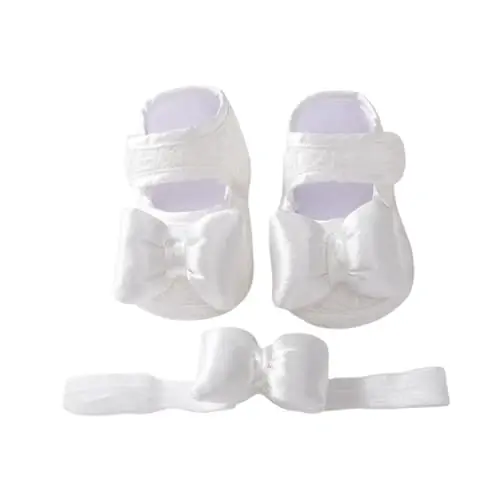 HsdsBebe 2pcs/Set Newborn Baby Girl Princess Mary Jane Shoes Toddler Infant Wedding Dress Flat Shoes with Free Headband - 1