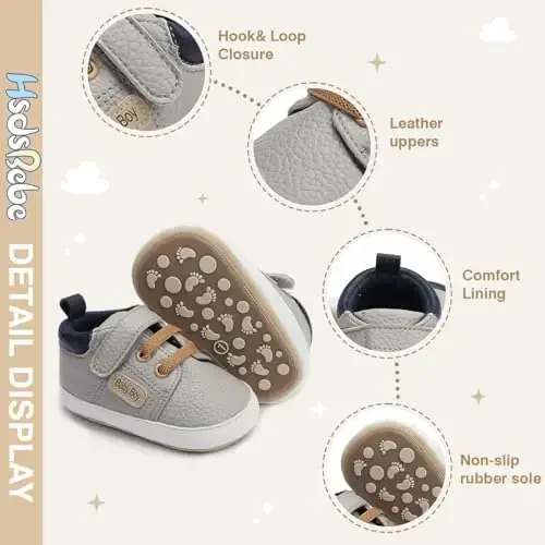 HsdsBebe Baby Boys Girls Pu Leather Hard Bottom Walking Sneakers Toddler Rubber Sole First Walkers Infant Cartoon Slippers Crib Shoes - 5