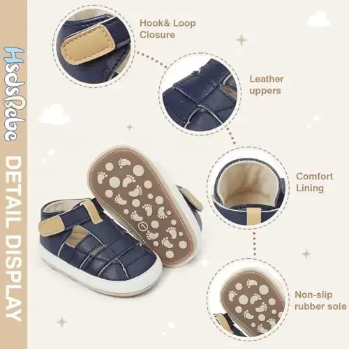 HsdsBebe Baby Boys Girls Pu Leather Hard Bottom Walking Sneakers Toddler Rubber Sole First Walkers Infant Cartoon Slippers Crib Shoes - 5