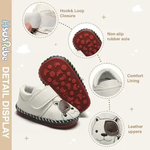 HsdsBebe Baby Boys Girls Pu Leather Hard Bottom Walking Sneakers Toddler Rubber Sole First Walkers Infant Cartoon Slippers Crib Shoes - 6
