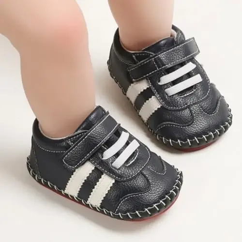HsdsBebe Baby Boys Girls Pu Leather Hard Bottom Walking Sneakers Toddler Rubber Sole First Walkers Infant Cartoon Slippers Crib Shoes - 3