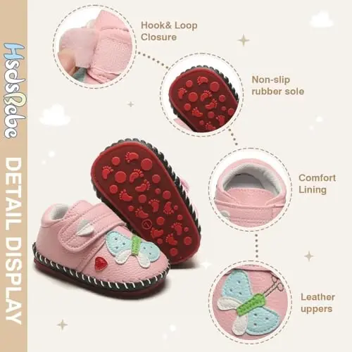 HsdsBebe Baby Boys Girls Pu Leather Hard Bottom Walking Sneakers Toddler Rubber Sole First Walkers Infant Cartoon Slippers Crib Shoes - 6