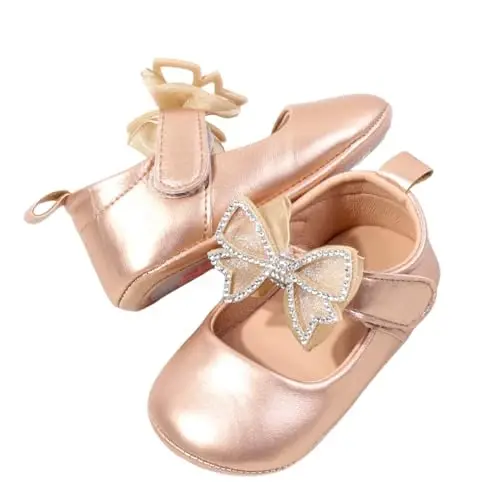 HsdsBebe Infant Baby Girls Mary Jane Flats Bow Non-Slip Soft Sole Princess Toddler First Walkers Sneaker Wedding Dress Shoes - 1