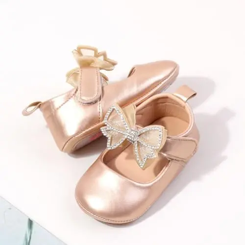 HsdsBebe Infant Baby Girls Mary Jane Flats Bow Non-Slip Soft Sole Princess Toddler First Walkers Sneaker Wedding Dress Shoes - 3