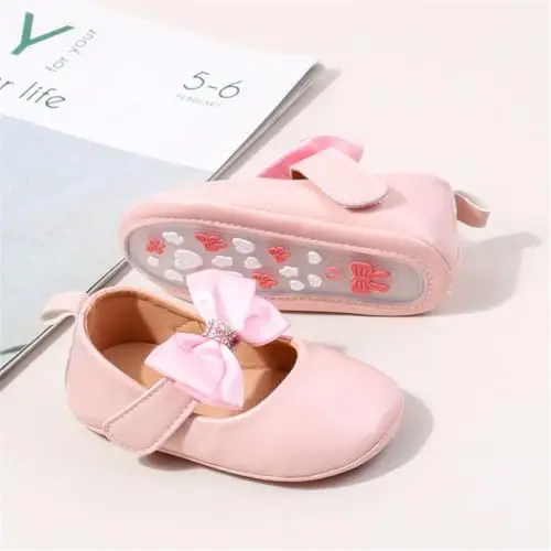 HsdsBebe Infant Baby Girls Mary Jane Flats Bow Non-Slip Soft Sole Princess Toddler First Walkers Sneaker Wedding Dress Shoes - 2