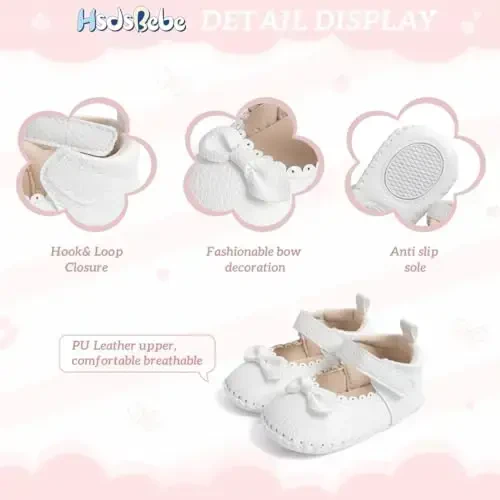 HsdsBebe Infant Baby Girls Mary Jane Flats Bow Non-Slip Soft Sole Princess Toddler First Walkers Sneaker Wedding Dress Shoes - 5