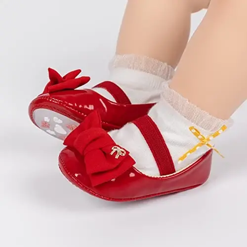 HsdsBebe Infant Baby Girls Mary Jane Flats Bow Non-Slip Soft Sole Princess Toddler First Walkers Sneaker Wedding Dress Shoes - 2