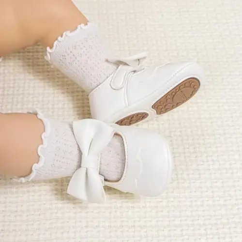 HsdsBebe Infant Baby Girls Mary Jane Flats Bow Non-Slip Soft Sole Princess Toddler First Walkers Sneaker Wedding Dress Shoes - 2