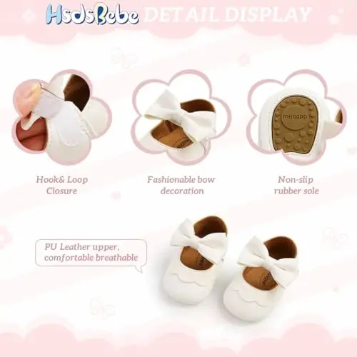 HsdsBebe Infant Baby Girls Mary Jane Flats Bow Non-Slip Soft Sole Princess Toddler First Walkers Sneaker Wedding Dress Shoes - 5