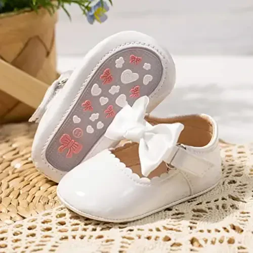 HsdsBebe Infant Baby Girls Mary Jane Flats Bow Non-Slip Soft Sole Princess Toddler First Walkers Sneaker Wedding Dress Shoes - 3