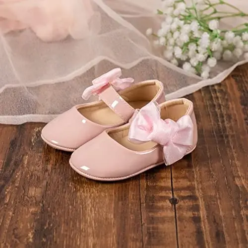HsdsBebe Infant Baby Girls Mary Jane Flats Bow Non-Slip Soft Sole Princess Toddler First Walkers Sneaker Wedding Dress Shoes - 3