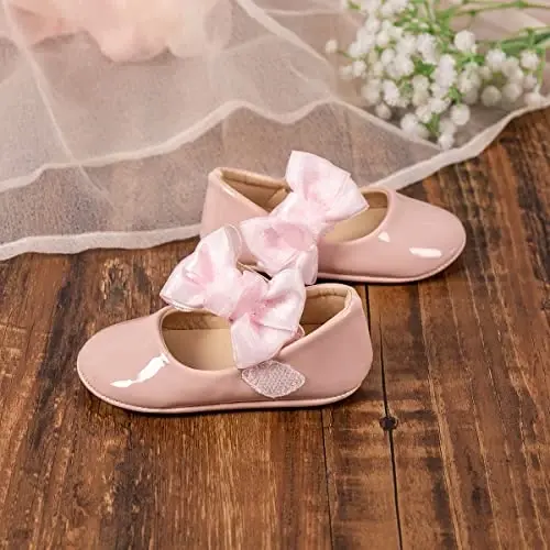HsdsBebe Infant Baby Girls Mary Jane Flats Bow Non-Slip Soft Sole Princess Toddler First Walkers Sneaker Wedding Dress Shoes - 4