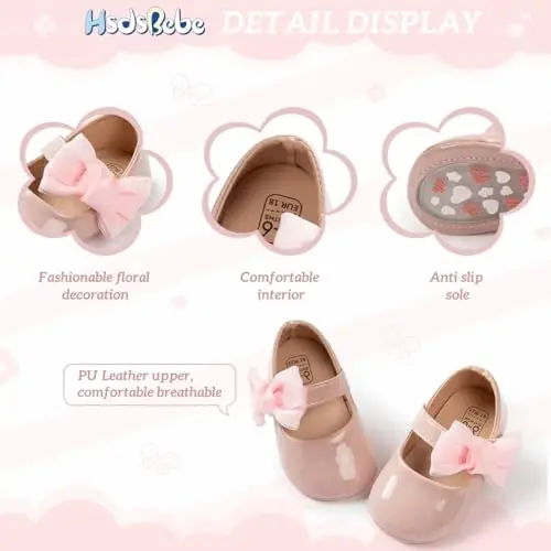 HsdsBebe Infant Baby Girls Mary Jane Flats Bow Non-Slip Soft Sole Princess Toddler First Walkers Sneaker Wedding Dress Shoes - 6