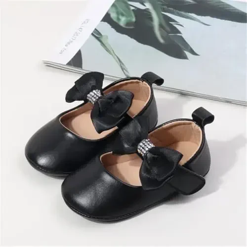 HsdsBebe Infant Baby Girls Mary Jane Flats Bow Non-Slip Soft Sole Princess Toddler First Walkers Sneaker Wedding Dress Shoes - 3