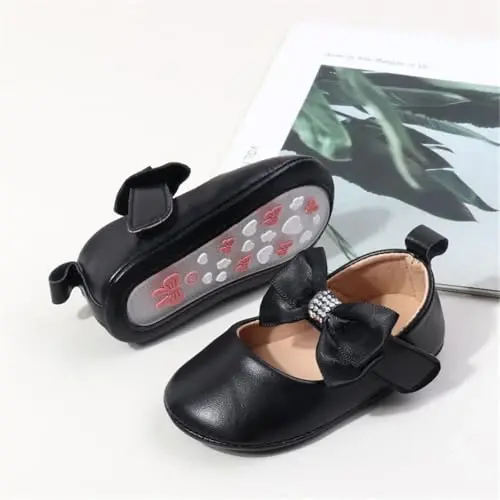HsdsBebe Infant Baby Girls Mary Jane Flats Bow Non-Slip Soft Sole Princess Toddler First Walkers Sneaker Wedding Dress Shoes - 2