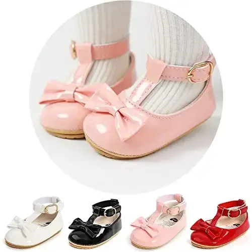 HsdsBebe Infant Baby Girls Mary Jane Flats Bow Non-Slip Soft Sole Princess Toddler First Walkers Sneaker Wedding Dress Shoes - 2