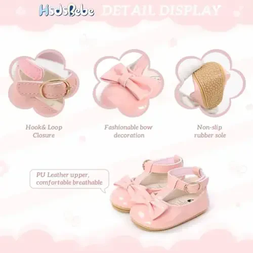HsdsBebe Infant Baby Girls Mary Jane Flats Bow Non-Slip Soft Sole Princess Toddler First Walkers Sneaker Wedding Dress Shoes - 5
