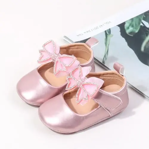 HsdsBebe Infant Baby Girls Mary Jane Flats Bow Non-Slip Soft Sole Princess Toddler First Walkers Sneaker Wedding Dress Shoes - 5