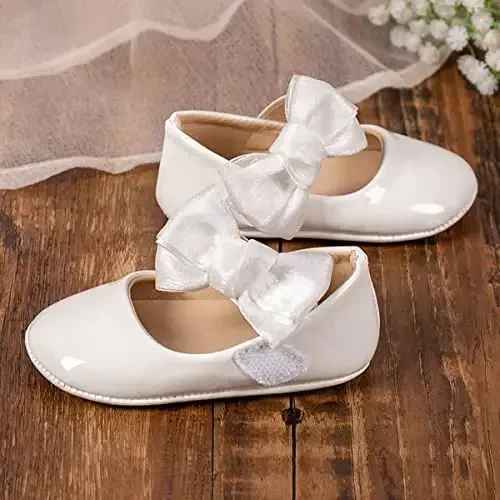 HsdsBebe Infant Baby Girls Mary Jane Flats Bow Non-Slip Soft Sole Princess Toddler First Walkers Sneaker Wedding Dress Shoes - 4