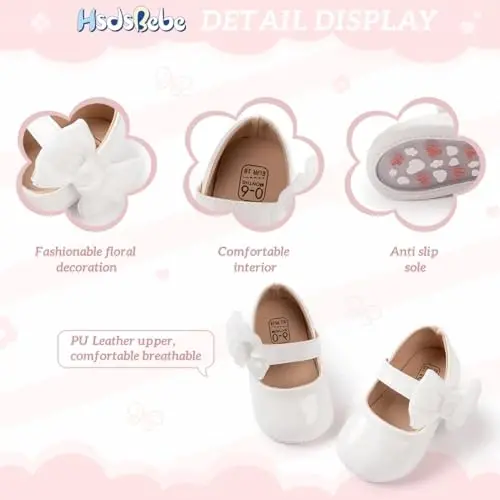 HsdsBebe Infant Baby Girls Mary Jane Flats Bow Non-Slip Soft Sole Princess Toddler First Walkers Sneaker Wedding Dress Shoes - 5