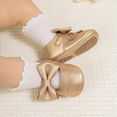 HsdsBebe Infant Baby Girls Mary Jane Flats Bow Non-Slip Soft Sole Princess Toddler First Walkers Sneaker Wedding Dress Shoes - 2