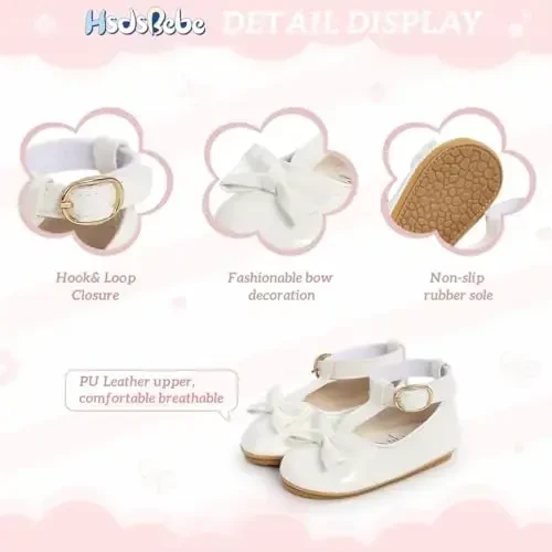 HsdsBebe Infant Baby Girls Mary Jane Flats Bow Non-Slip Soft Sole Princess Toddler First Walkers Sneaker Wedding Dress Shoes - 5