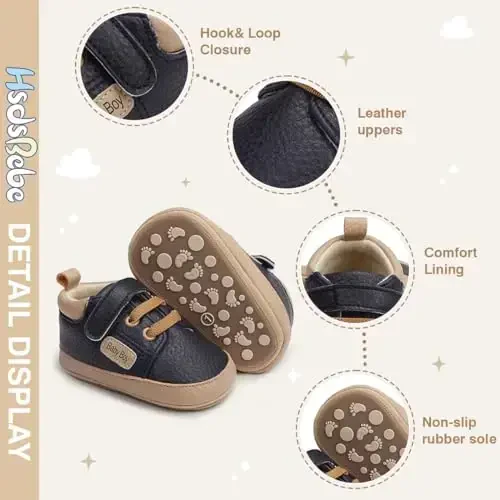 HsdsBebe Baby Boys Girls Pu Leather Hard Bottom Walking Sneakers Toddler Rubber Sole First Walkers Infant Cartoon Slippers Crib Shoes - 5