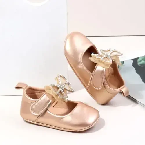 HsdsBebe Infant Baby Girls Mary Jane Flats Bow Non-Slip Soft Sole Princess Toddler First Walkers Sneaker Wedding Dress Shoes - 4