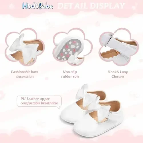 HsdsBebe Infant Baby Girls Mary Jane Flats Bow Non-Slip Soft Sole Princess Toddler First Walkers Sneaker Wedding Dress Shoes - 5
