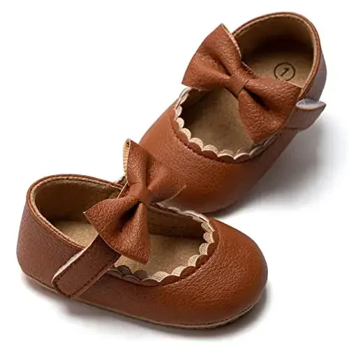 HsdsBebe Infant Baby Girls Mary Jane Flats Bow Non-Slip Soft Sole Princess Toddler First Walkers Sneaker Wedding Dress Shoes - 1