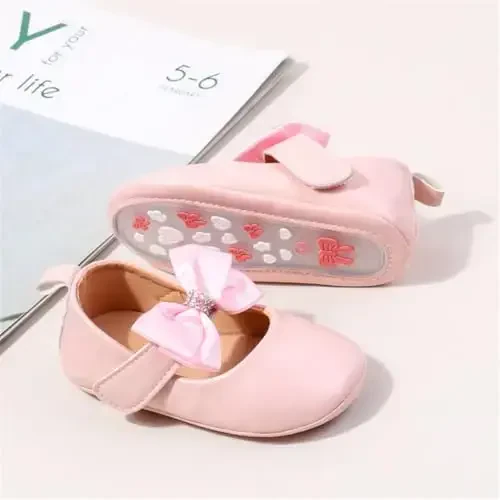 HsdsBebe Infant Baby Girls Mary Jane Flats Bow Non-Slip Soft Sole Princess Toddler First Walkers Sneaker Wedding Dress Shoes - 2