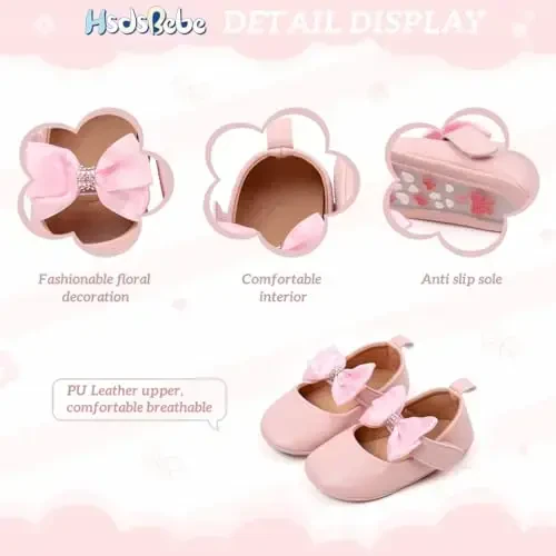 HsdsBebe Infant Baby Girls Mary Jane Flats Bow Non-Slip Soft Sole Princess Toddler First Walkers Sneaker Wedding Dress Shoes - 5