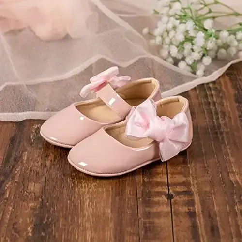 HsdsBebe Infant Baby Girls Mary Jane Flats Bow Non-Slip Soft Sole Princess Toddler First Walkers Sneaker Wedding Dress Shoes - 3