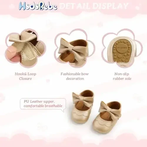 HsdsBebe Infant Baby Girls Mary Jane Flats Bow Non-Slip Soft Sole Princess Toddler First Walkers Sneaker Wedding Dress Shoes - 5