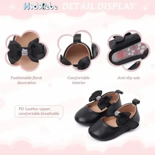 HsdsBebe Infant Baby Girls Mary Jane Flats Bow Non-Slip Soft Sole Princess Toddler First Walkers Sneaker Wedding Dress Shoes - 5