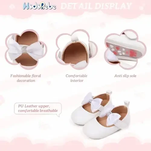 HsdsBebe Infant Baby Girls Mary Jane Flats Bow Non-Slip Soft Sole Princess Toddler First Walkers Sneaker Wedding Dress Shoes - 5