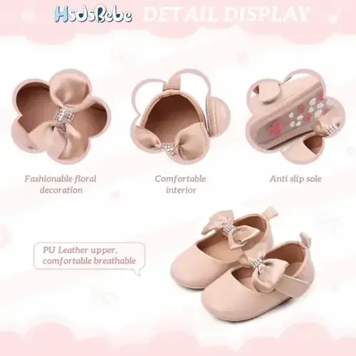 HsdsBebe Infant Baby Girls Mary Jane Flats Bow Non-Slip Soft Sole Princess Toddler First Walkers Sneaker Wedding Dress Shoes - 5