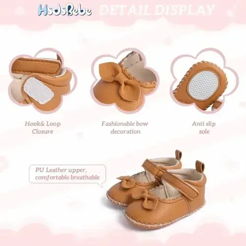 HsdsBebe Infant Baby Girls Mary Jane Flats Bow Non-Slip Soft Sole Princess Toddler First Walkers Sneaker Wedding Dress Shoes - 5