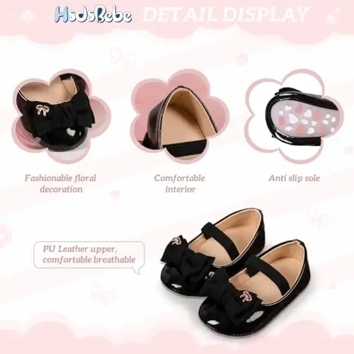 HsdsBebe Infant Baby Girls Mary Jane Flats Bow Non-Slip Soft Sole Princess Toddler First Walkers Sneaker Wedding Dress Shoes - 5