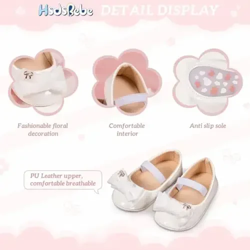 HsdsBebe Infant Baby Girls Mary Jane Flats Bow Non-Slip Soft Sole Princess Toddler First Walkers Sneaker Wedding Dress Shoes - 5