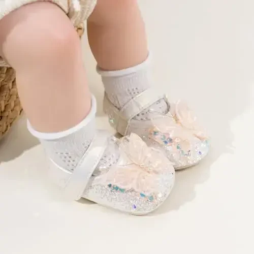HsdsBebe Baby Girls Mary Jane Flats Non Slip Soft Sole Bowknot Princess Wedding Dress Shoes Toddler First Walkers Infant Newborn Baptism Crib Shoes - 3