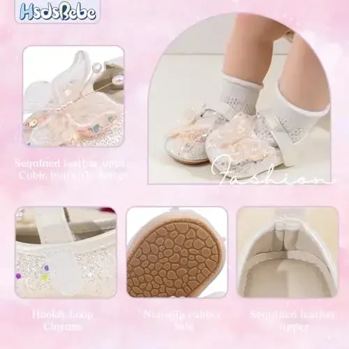 HsdsBebe Baby Girls Mary Jane Flats Non Slip Soft Sole Bowknot Princess Wedding Dress Shoes Toddler First Walkers Infant Newborn Baptism Crib Shoes - 6